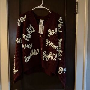 QUEEN OF SPARKLES Go Set Fight Maroon/Burgundy & White Sparkle Cardigan, S, NWT